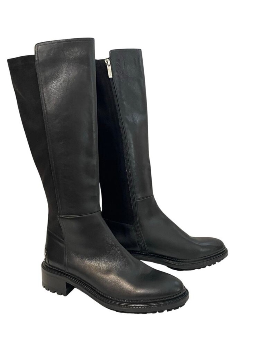 Aquatalia Omara Women's Knee High Boot Black Leather Suede Lug Sole Studded 9.5